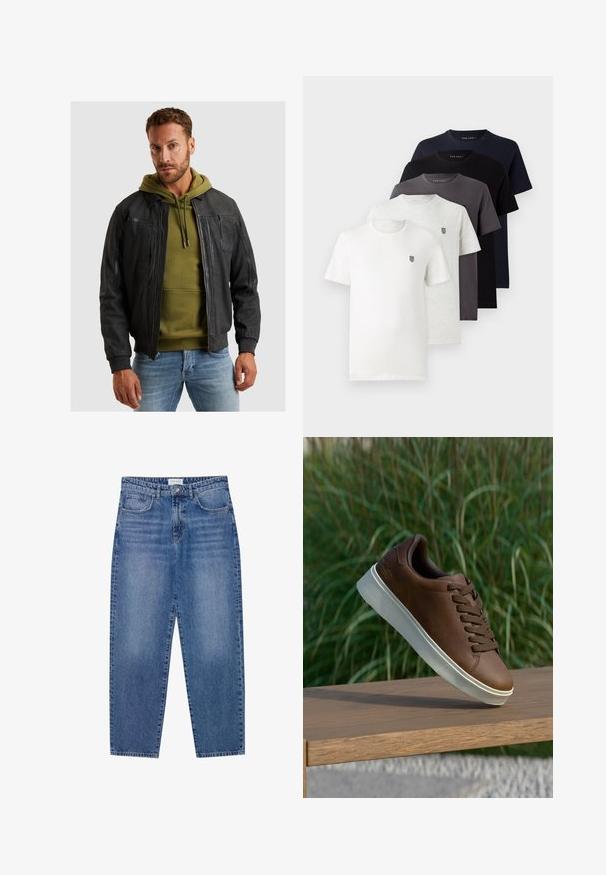 Czarna skórzana kurtka bomber z ribbed mankietami, zamek błyskawiczny i wieloma kieszeniami, nałożona na zieloną bluzę z kapturem. Teksturowane wykończenie.; Pięć bawełnianych t-shirtów z krótkim rękawem w kolorach białym, jasnoszarym, ciemnoszarym, granatowym i czarnym, z małym logo na piersi.; Niebieskie dżinsy o wysokim stanie, prostym kroju nogawki i wyblakłym wykończeniu. Posiadają pięć kieszeni i zapięcie na guzik.; Brązowe skórzane sneakersy z białą gumową podeszwą, okrągłym noskiem i brązowymi sznurówkami. Teksturowany uchwyt na podeszwie i gładkie wykończenie na górze.