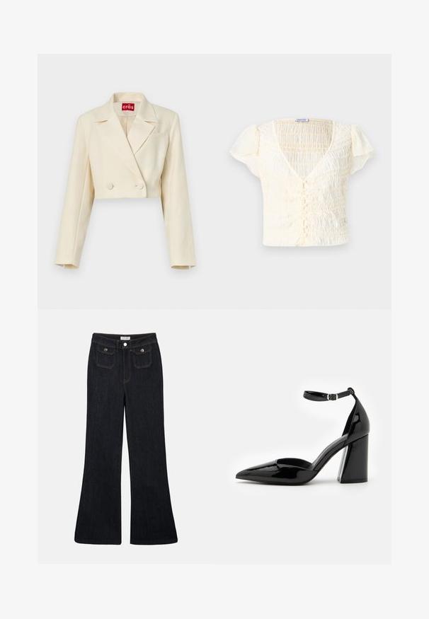 Lyhennetty vaaleanbeige bleiseri, jossa on hienovarainen kukkakuosi, kaksiriviset napit ja viisto kaulus; yksittäinen rintatasku.; Kermavärinen lyhythihainen toppi, jossa on smocked-tekstuuri, V-kaula-aukko ja painonappi. Kevyt kangas ja hillityt puffihihat.; Tummat farkut, joissa on leveät lahkeet ja korkea vyötärö, kaksi etutaskua sekä oranssit ompeleet. Materiaali näyttää kovalta ja sileältä.; Musta lakattu korkeakotoinen kenkä, jossa on teräväkärkinen muotoilu, nilkkaremmi ja leveä lohkare korko vakauden takaamiseksi. Kenkässä on sileä kiiltävä pinta.