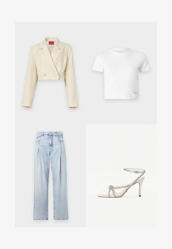 Sacou bej scurt cu o textură florală subtilă, butoane cu două rânduri și rever cu crestătură; detalii cu un buzunar pe piept.; Tricou alb scurt, realizat din bumbac neted, cu gât înalt și mâneci scurte. Logo mic brodat în colțul de jos.; Jeans din denim albastru deschis cu talie înaltă, croială evazată, două buzunare laterale și un design pliat. Textură moale cu un finisaj decolorat.; Sandalie albe cu toc înalt, cu o curea texturată ce prezintă strasuri, design cu vârf deschis și curea pentru gleznă cu cataramă ajustabilă.