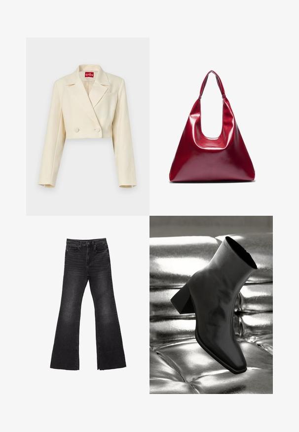 Skraćeni bež sako s suptilnom cvjetnom teksturom, dvostruko zakopčavanje i reveri; detalj jedne džepne grudi.; Bijela rebrasta majica bez rukava s crnim izvezenim logotipom u središtu prsnog dijela. Izrez i otvori za ruke su finiširani suptilnim obrubom.; Crne traperice s raširenim nogavicama i sirovim rubom, s dizajnom od pet džepova i zatvaranjem na gumb. Izrađene su od čvrste, teksturirane tkanine.; Crni gležnjača napravljena od sjajnog materijala sa četvrtastim vrhom i suženom petom, postavljena protiv srebrne sjajne pozadine sa nabranim uzorkom.; Crvena sjajna kožna torba u obliku trokuta, širokog otvora na vrhu i jednim zakrivljenim ručkom. Glatka tekstura s minimalnim detaljima šivanja.