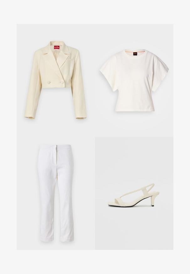 Zkrácený béžový blazer s jemnou květinovou texturou, dvojitými knoflíky a klopami; detail jediné náprsní kapsy.; Bílý zkrácený T-shirt, krátké široké rukávy, měkký bavlněný materiál, kulatý výstřih s jemným oranžovým lemováním, minimalistický design, bez vzorů nebo grafik.; Bílé bavlněné kalhoty s rovnou nohavicou, s středně vysokým pasem a bez viditelných kovových prvků nebo vzorů. Hladká textura po celém povrchu.; Krémové sandály na bloku s tenkými popruhy a čtveratou špičkou. Hladký materiál s minimálními detaily, navržené pro snadné nošení.