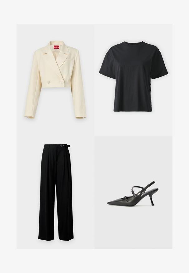 Korte beige blazer met een subtiele bloemstructuur, dubbele knopen en gesneden revers; enkele borstzakdetails.; Zwarte katoenen t-shirt met korte mouwen, ontspannen pasvorm en contrasterend zijpaneel met kleine tekst en ontwerpelementen.; Zwarte wijde broek met hoge taille, plooien aan de voorkant en een riem met een gesp. Gemaakt van glad, lichtgewicht stof.; Zwarte leren slingback hakken met een spitse neus, slanke hak en decoratieve gespdetails op de bovenkant. Gladde textuur en een strakke uitstraling.