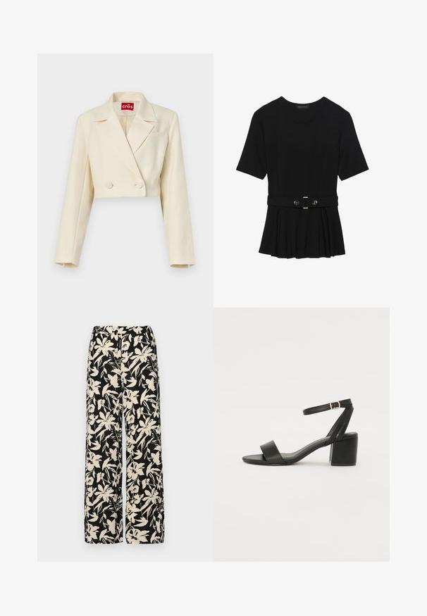 Veste beige cintrée avec une texture florale subtile, boutons double boutonnage et revers crantés ; détail d'une poche poitrine simple.; Haut noir à manches courtes fabriqué en matériau lisse, avec un design peplum et une taille ceinturée ornée de deux boutons ronds en métal argenté.; Pantalon large noir avec un motif floral crème. Fabriqué en tissu léger, il présente une texture lisse et une taille haute.; Sandale à talons noirs avec un dessus en cuir lisse, une ouverture à l'avant, de larges brides avant et une bride de cheville ajustable avec une boucle dorée.