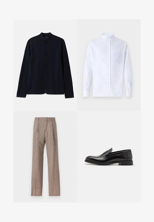 Navy blue cardigan with a stand collar, front button closure, and long sleeves. Made of soft material, featuring a smooth texture.; White long-sleeve button-up shirt made of cotton, featuring a chest pocket with tonal embroidery, a collar, and button cuffs.; Brown, high-waisted trousers made of textured fabric. Features wide legs and two front pleats for structure. Neat finish with no visible hardware.; Black leather loafers with a smooth texture, rounded toe, and a decorative strap across the vamp. Low stacked heel, minimalist design.