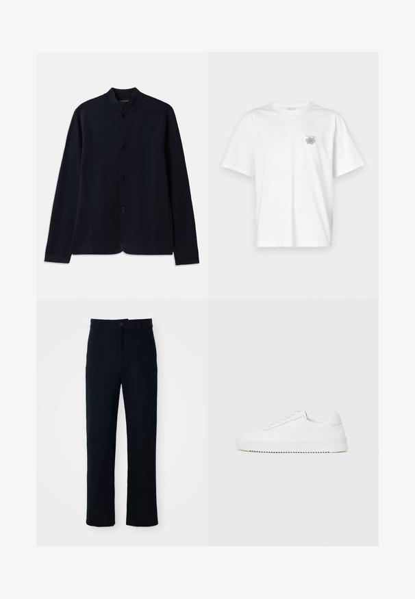Cardigan azul-marinho com gola alta, fecho frontal por botões e mangas longas. Feito de material suave, com uma textura lisa.; Camisa branca de algodão com mangas curtas, gola redonda e um pequeno logótipo cinza na área do peito esquerdo. Textura suave.; Calças azul marinho em algodão, com um design de perna reta, fecho frontal com botão e cinta clássica com passantes para cinto.; Sapatilha branca com um cabedal de couro suave, bico arredondado, atacadores, detalhes texturizados nas laterais e uma sola de borracha grossa. Design minimalista.
