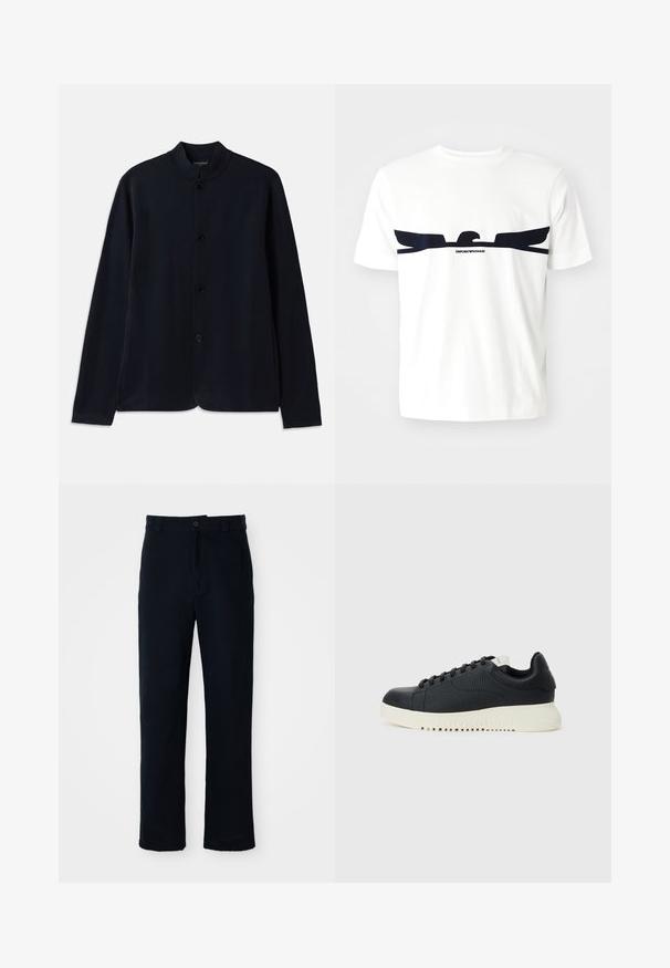 Cardigan azul-marinho com gola alta, fecho frontal por botões e mangas longas. Feito de material suave, com uma textura lisa.; T-shirt de algodão branco com um gráfico de uma águia em azul-marinho e o texto "EMPORIO ARMANI" abaixo do design. Mangas curtas e gola redonda.; Calças azul marinho em algodão, com um design de perna reta, fecho frontal com botão e cinta clássica com passantes para cinto.; Ténis pretos texturizados com bicos redondos, seis buracos para atacadores e solas de borracha brancas com ranhuras horizontais. Design minimalista, sem logótipos visíveis.