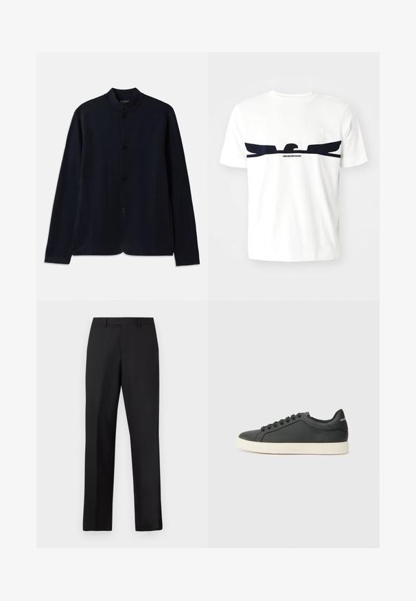 Granatowy kardigan z stójką, zapinany na guziki z przodu, z długimi rękawami. Wykonany z miękkiego materiału, charakteryzujący się gładką fakturą.; Biała bawełniana koszulka z krótkim rękawem, z granatowym graficznym wzorem orła oraz napisem "EMPORIO ARMANI" poniżej projektu. Okrągły dekolt.; Czarne spodnie o prostych nogawkach wykonane z gładkiej tkaniny. Posiadają standardowy pas i nie mają widocznych wzorów ani zdobień.; Czarne skórzane trampki o niskim profilu, z zaokrąglonym noskiem i sznurowanym zapięciem; posiadają teksturowaną gumową podeszwę oraz detal z logo na pięcie.