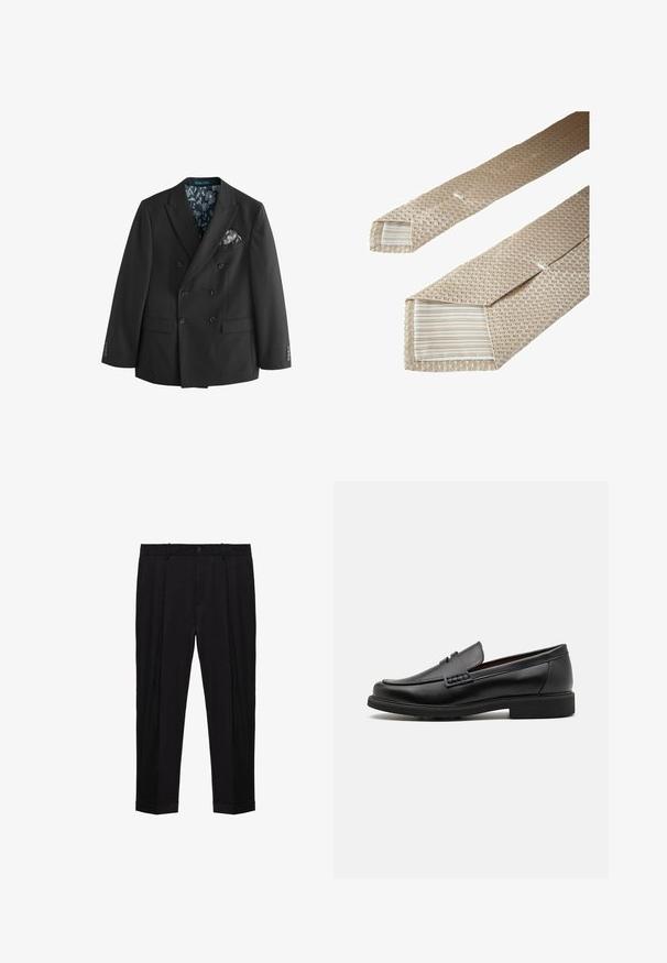 Black double-breasted suit jacket made of smooth fabric, featuring a floral patterned inner lining and a contrasting pocket square.; White long-sleeve shirt made of smooth fabric, featuring a narrow spread collar, button-down front, and single-button cuffs.; Black tailored trousers with belt loops, front button and zip closure, pleats, and cuffed hems.; Black synthetic loafers with a prominent stitched front, cushioned insole, and flat rubber outsole; sleek design with minimal detailing.; Beige woven tie with a textured pattern. Ends are lined with a striped fabric, featuring lighter and darker horizontal stripes.