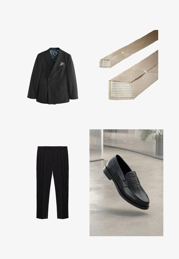 Musta kaksirivinen puku takki, joka on valmistettu sileästä kankaasta. Takissa on kukkakuosiset vuori ja erottuva taskuliina.; Valkoinen pitkähihainen paita, joka on valmistettu sileästä kankaasta. Paidassa on kapea levitetty kaulus, napitus edessä ja yksittäiset napit hihansuissa.; Mustat räätälöidyt housut, joissa on vyölenkit, edessä nappi- ja vetoketjusuljin, laskokset ja käänteet lahkeissa.; Mustat nahkaiset loaferit, joissa on sileä pinta, kärjekäs kärki ja koristeellinen remmi jalkapöydän yli. Kevyt pohja, minimalistinen muotoilu.; Vaaleanbeige kudottu solmio, jossa on teksturoitu kuvio. Päädyt on vuorattu raidoitetulla kankaalla, jossa on vaaleampia ja tummempia vaakaraidoituksia.