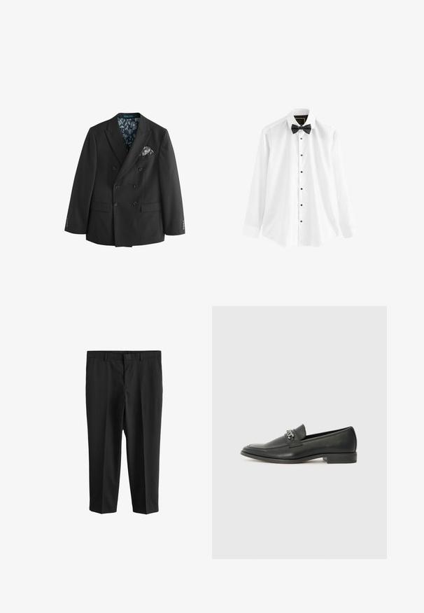 Chaqueta de traje negra de doble botonadura hecha de una tela suave, con un forro interior de patrón floral y un pañuelo de bolsillo en contraste.; Camisa blanca de algodón, con mangas largas, una pajarita negra y botones negros en el frente.; Next REGULAR FIT - Pantalón de traje - black; Mocasín de cuero negro con un acabado suave, que cuenta con un diseño de costura y un acento decorativo de cadena de metal en el empeine. Tacón plano.