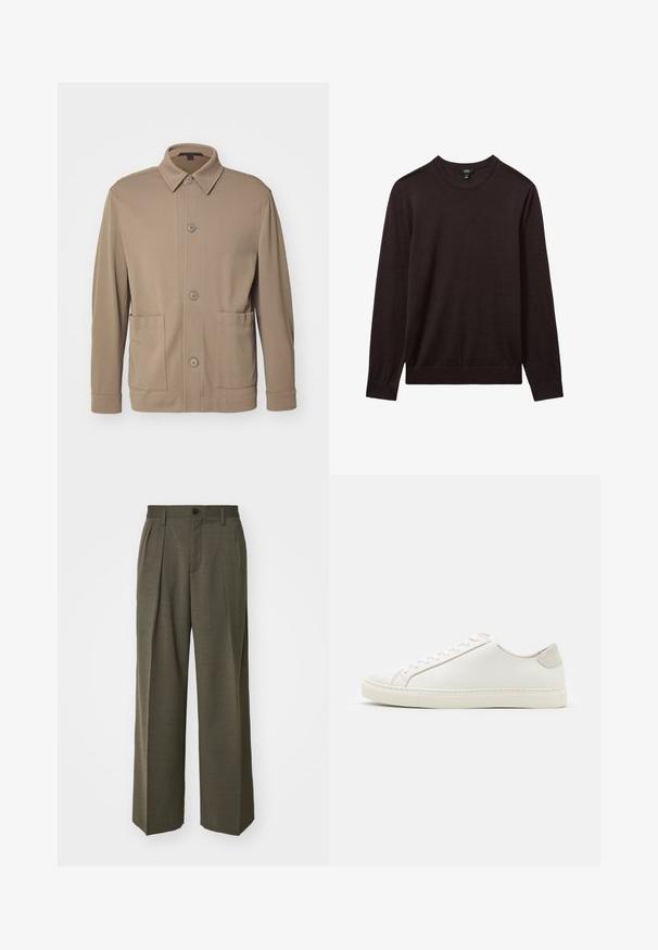 Harmaa nappikauluspaita, joka on valmistettu teksturoidusta kankaasta. Siinä on kaulus, etunapit ja kaksi sivutaskua. Muotoiltu, rento suunnittelu.; Reiss Neule - dark bordeaux; Filippa K WIDE TROUSERS - Housut - driftwood; Valkoinen nahkakengät, joissa on sileä pinta, pyöreä kärki ja minimalistiinen muotoilu. Varressa beige-yksityiskohtia ja kumipohja.