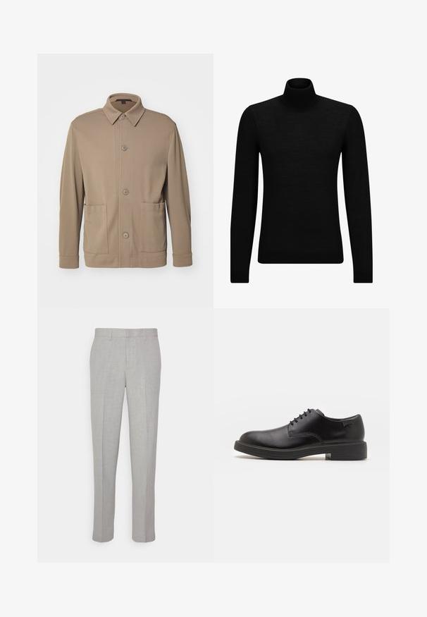 Beige krūšturis ar pogām, izgatavots no teksturēta auduma, aprīkots ar apkakli, priekšējām pogām un divām sānu kabatām. Veiksmīgi izstrādāts, ikdienišķs dizains.; Melnā augstā kakla džemperis, kas izgatavots no mīksta materiāla, ar garām piedurknēm un pieguļušu piegriezumu. Ribota apdare ap apakšu un piedurknēm. Vienkāršs dizains.; Gai pelēki bikses ar gludu tekstūru, plakanu priekšpusi un taisnām kājām. Izgatavotas no elpojoša auduma, ar iekšējām kabatām un jostu cilpām.; Melna āda sašūta kurpe ar noapaļotu purngalu, gludu tekstūru, minimālu šuvju skaitu un zemu gumijas papēdi. Logo uz papēža.
