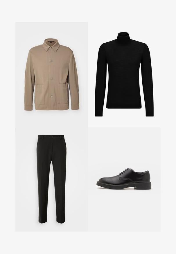 Beige krūšturis ar pogām, izgatavots no teksturēta auduma, aprīkots ar apkakli, priekšējām pogām un divām sānu kabatām. Veiksmīgi izstrādāts, ikdienišķs dizains.; Melnā augstā kakla džemperis, kas izgatavots no mīksta materiāla, ar garām piedurknēm un pieguļušu piegriezumu. Ribota apdare ap apakšu un piedurknēm. Vienkāršs dizains.; Melnas bikses no gludas auduma ar taisnām kājām, pogu aizdari un klasisku dizainu, kas piemērots gan formālai, gan ikdienišķai valkāšanai.; Melna āda sašūta kurpe ar noapaļotu purngalu, gludu tekstūru, minimālu šuvju skaitu un zemu gumijas papēdi. Logo uz papēža.