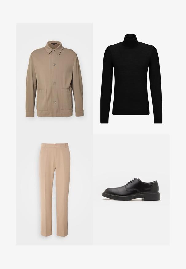 Giacca beige a bottoni realizzata in tessuto testurizzato, dotata di colletto, bottoni frontali e due tasche laterali. Design su misura e casual.; Maglione a collo alto nero realizzato in materiale morbido, con maniche lunghe e vestibilità aderente. Bordo a coste all'orlo e ai polsini. Design semplice.; Pantaloni beige realizzati in tessuto liscio, con un design a gamba dritta, chiusura frontale con bottone e dettagli di pieghe sottili lungo la parte anteriore.; Scarpa nera in pelle con lacci, punta tonda, texture liscia, cuciture minime e tacco in gomma basso. Logo sul tacco.