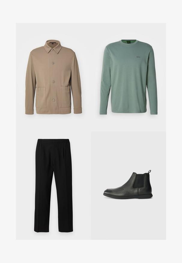 Beige bunda na knoflíky vyrobená z texturované tkaniny, s límcem, předními knoflíky a dvěma postranními kapsami. Přizpůsobený, neformální design.; Světle zelené tričko s dlouhým rukávem vyrobené z měkké látky. Má kulatý výstřih a malé vyšívané logo "BOSS" na hrudi.; Černé kalhoty vyrobené z hladké tkaniny, s elastickým pasem, rovnými nohavicemi a dvěma předními záhyby pro zvýšení detailu.; Černé kožené kotníkové boty s hladkým povrchem, elastickými bočními panely a poutkem na zadní straně. Oblý špička a gumová podrážka.