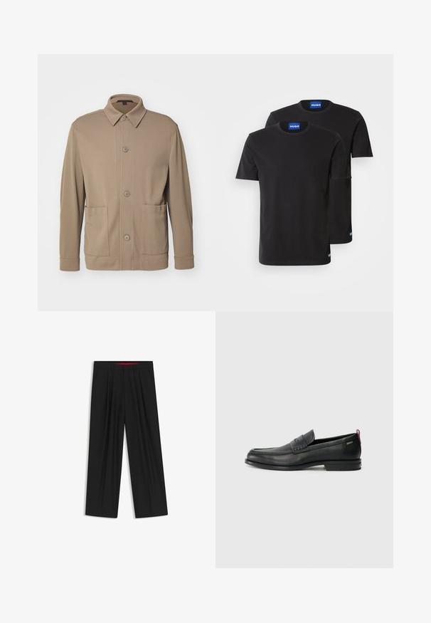 Beige knoopjack gemaakt van gestructureerde stof, met een kraag, knopen aan de voorkant en twee zijzakken. Op maat gemaakte, casual uitstraling.; Twee zwarte katoenen T-shirts met ronde hals, korte mouwen en blauwe "HUGO" labels op de kragen en zijsplitten.; Zwarte wijde broek met een vlakke voorkant, twee zijzakken, geplooid ontwerp en een contrasterende rode binnenband.; Zwarte leren instappers met een textuur aan de voorkant en gladde zijden. Voorzien van een slanke hak en een lus aan de achterkant voor gemakkelijk aan- en uittrekken. Klassiek ontwerp.