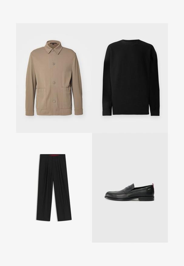 Giacca beige a bottoni realizzata in tessuto testurizzato, dotata di colletto, bottoni frontali e due tasche laterali. Design su misura e casual.; Maglione nero a maniche lunghe realizzato in materiale a coste. Presenta un collo rotondo e un orlo dritto con polsini aderenti. Design semplice e di colore uniforme.; Pantaloni neri a gamba larga con fronte piatto, due tasche laterali, design plissettato e un elastico in vita di colore rosso a contrasto.; Mocassini in pelle nera con un pannello anteriore testurizzato e lati lisci. Presentano un tacco sottile e un anello sul retro per una vestibilità facile. Design classico.