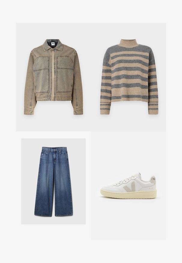 Džínová bunda svetlohnedej farby s uzáverom na zips, dvoma náprsními vreckami a štruktúrovaným strihom s kontrastným prešívaním.; Prúžkovaný pletený sveter s šedými a béžovými farbami, vysokým golierom, širokými manžetami a voľným strihom s krátkym dizajnom.; Džíny s širokými nohavicami v modrej farbe s vyblednutým povrchom, s gombíkom a zipsom, piatimi vreckami a pútkami na opasok.; Biele kožené tenisky s béžovými semišovými akcentmi, perforovanou špičkou, plochými šnúrkami a textúrovanou krémovou podrážkou. Obsahujú jemné označenie na päte.