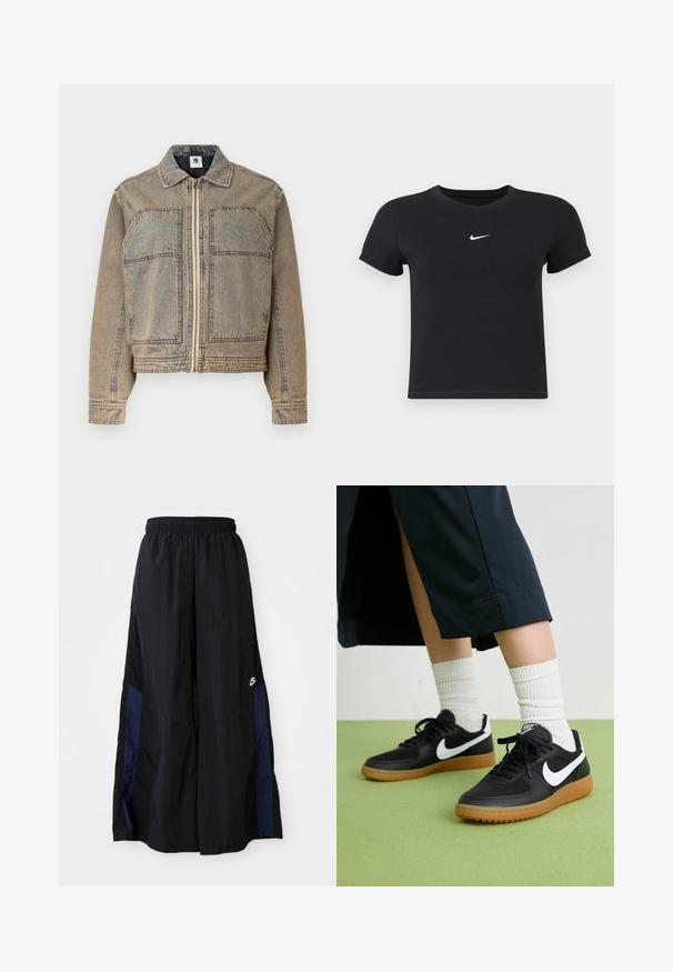 Gai brūns džinsus uzvalks ar rāvējslēdzēju, divām krūškurvja kabatām un strukturētu siluetu ar kontrastējošām šuvēm.; Melns īsām piedurknēm T-krekls no kokvilnas ar apaļu kakla izgriezumu. Ar balto Nike logotipu uz krūtīm, minimālisma dizains un pieguļošs siluets.; Melni plata kāju bikses no viegla auduma, ar tumši zilu sānu paneli un elastīgu jostu. Mazs balts logotips apakšā.; Melna āda un sintētiska materiāla sporta apavi ar baltu Nike logo, gumijas zole, apaļa purngala forma un melni šņores. Redzamas ribotas baltas zeķes.