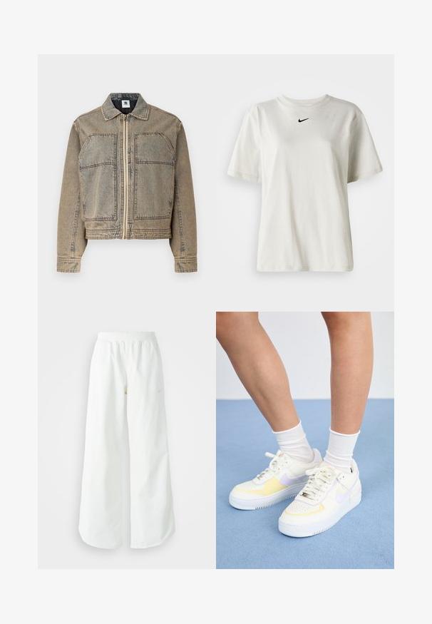 Veste en denim brun clair, dotée d'une fermeture éclair, de deux poches poitrine et d'une silhouette structurée avec des coutures contrastées.; T-shirt en coton blanc avec un col rond et des manches courtes. Présente un petit logo Nike noir sur la poitrine. Design simple et épuré.; Pantalons de sport larges blancs avec une taille côtelée et un discret logo. Tissu lisse avec une coupe décontractée et un bas effilé.; Baskets en cuir blanc avec des accents jaunes et lavande, bout rond, lacets plats et semelle en caoutchouc texturée. Portées avec des chaussettes blanches.