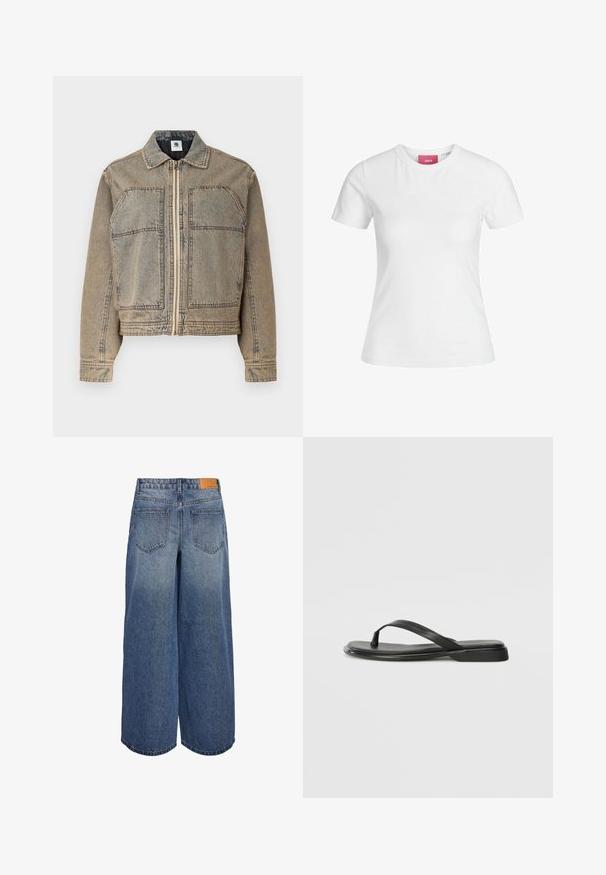 Denim jacket in light brown, featuring a zip closure, two chest pockets, and a structured silhouette with contrasting stitching.; White cotton t-shirt with short sleeves and a round neckline. Features a pink label on the inner neck. Smooth texture.; Wide-leg denim culottes in medium blue wash with a faded texture, featuring two back pockets and a brown leather brand tag on the waistband.; Black flip-flop made of smooth leather, featuring a thin strap design and a flat sole with a minimal profile. No notable patterns or accents.