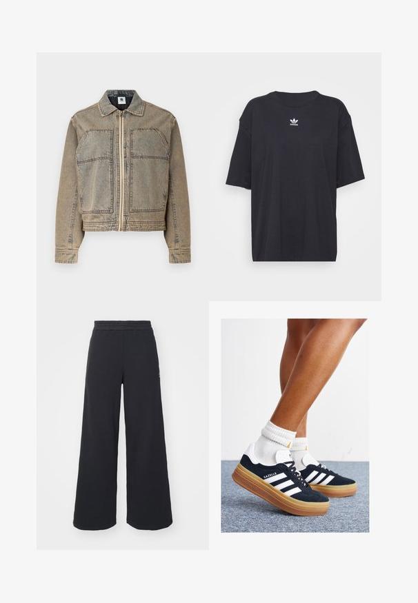 Chaqueta de mezclilla en marrón claro, con cierre de cremallera, dos bolsillos en el pecho y una silueta estructurada con costuras en contraste.; Camiseta de algodón negra con mangas cortas, cuello redondo, presenta un logo blanco de Adidas en el pecho. Diseño simple, ajuste relajado.; Pantalones de chándal negros de pierna ancha, hechos de una tela suave, con una cintura elástica y un pequeño logo en el lado izquierdo.; Zapatillas deportivas de gamuza negra con rayas y detalles blancos, puntera redondeada, suela de goma color caramelo, combinadas con calcetines blancos acanalados a la altura del tobillo.