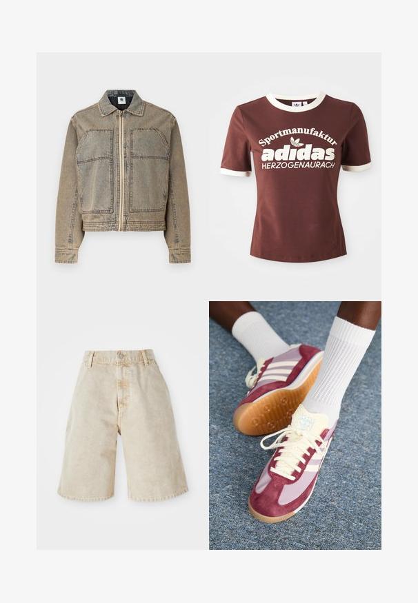 Farkkutakki vaaleanruskeana, varustettuna vetoketjusulkimella, kahdella rintataskulla ja rakenteellisella siluetilla, jossa on kontrastiväriset ompeleet.; Ruskea lyhythihainen t-paita, jossa on kerma-värinen kaulus ja hihansuut. Paidassa on suuri valkoinen teksti, joka lukee "Sportmanufactur adidas Herzogenaurach."; Beige farkushortsit, joissa on korkea vyötärö, napitus ja etutaskut. Ominaisuuksina rento, löysä istuvuus sekä hieman revityt helma.; Tennarit, joissa on viininpunainen mokka ja vaaleanlila muotoilu, kolme valkoista raitaa, kermaiset nauhat ja teksturoitu keltainen kieli. Kumipohja.