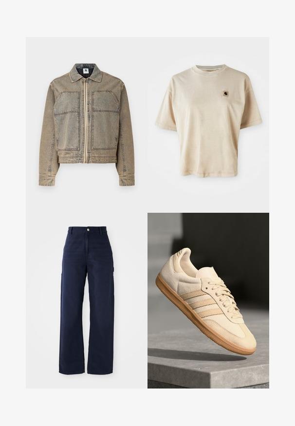 Denim jacket in light brown, featuring a zip closure, two chest pockets, and a structured silhouette with contrasting stitching.; Beige cotton t-shirt with a relaxed fit, crew neck, short sleeves, and a small square logo patch on the left chest area.; Navy blue wide-leg cargo pants with a sturdy cotton fabric, featuring side pockets and a button closure at the waist.; Light beige suede sneaker with gum outsole, three diagonal stripes, and a textured toe cap. Features logo on the tongue and side.