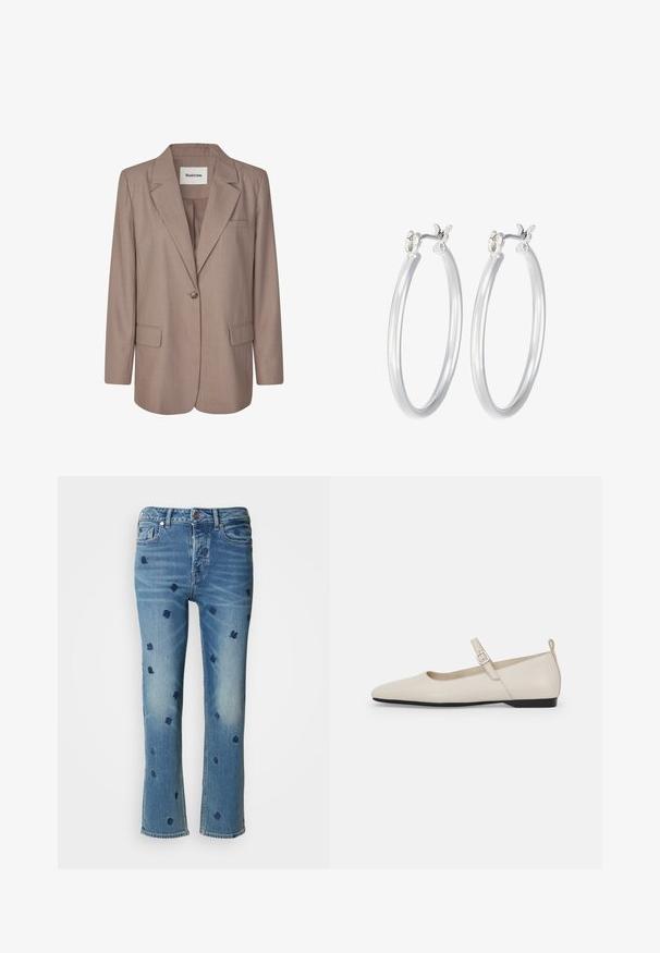 Jasnobrązowy żakiet z teksturowanej tkaniny. Posiada klapowy kołnierz, zapięcie na jeden guzik, dwie przednie kieszenie oraz jedną kieszeń na piersi.; Biała, prążkowana koszulka polo z krótkim rękawem, z kołnierzykiem i zapięciem na trzy guziki. Miękka tekstura i dopasowany krój.; Jasnoniebieskie dżinsy z prostą nogawką, z granatowym haftem kwiatowym oraz efektem przetarcia w pobliżu kieszeni i u dołu nogawki.; Białe skórzane baleriny Mary Jane z ostrym noskiem, boczną klamrą i niskim czarnym obcasem. Gładka tekstura i minimalistyczny design.; Srebrne kolczyki w formie kółek o gładkim, polerowanym wykończeniu. O okrągłym kształcie i pewnym zapięciu na klik. Lekka konstrukcja odpowiednia do codziennego noszenia.