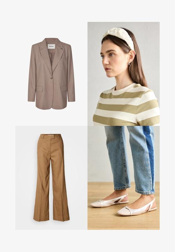 Gaiši brūns žakets, izgatavots no strukturētas auduma. Tam ir izgriezta apkakle, viens pogu aizdare, divas priekšējās kabatas un viena krūšu kabata.; Balta apgriezta T-kreklu izgatavota no gludas kokvilnas, ar apaļu kakla izgriezumu un īsām, platām piedurknēm. Vienkāršs, tīrs dizains bez redzamām rakstām.; Brūnas platās bikses, kas izgatavotas no viegla auduma. Ievērojama plakanā priekšpuse, jostas cilpas un piegriezums ar potītes garumu.; Bālti rozā siksniņu dzīvokļi ar smailu purngalu, izgatavoti no gludas ādas līdzīgās materiāla. Iezīmē izgriezumu detaļas sānos un platu papēdi.; Krēma krāsas pildīta galvassega ar uztinuma dizainu, apvienota ar bēša un baltā svītrainā krekla ar apaļu izgriezumu. Smalkas rotaslietas akcenti.