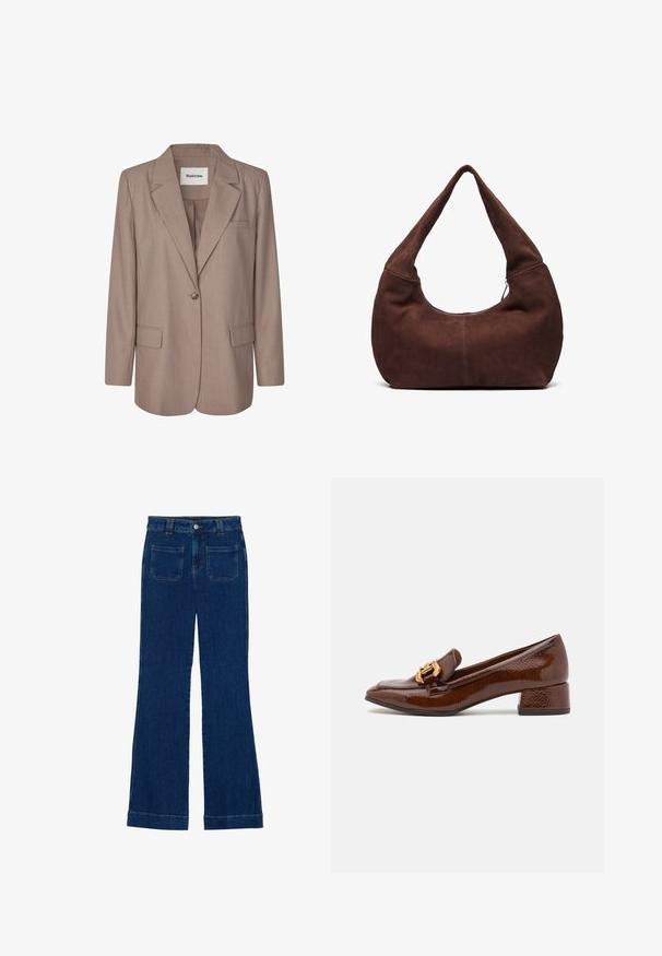 Blazer marrone chiaro realizzato in tessuto texturizzato. Presenta un colletto a rever, chiusura con un bottone, due tasche frontali e una tasca sul petto.; Tre t-shirt a maniche lunghe: una di colore bordeaux uniforme, una bordeaux con righe bianche e una bianca uniforme. Tutte sono realizzate in tessuto morbido e elastico.; Jeans a zampa d'elefante in denim di colore blu scuro, con una consistenza liscia, design a cinque tasche e chiusura a bottone in vita.; Mocassini in pelle marrone con finitura lucida, caratterizzati da una fibbia dorata decorativa sulla parte anteriore e un tacco basso a blocco. Design classico.; Borsa hobo in suede marrone con una maniglia curva e larga e un'ampia apertura. Tessuto morbido con dettagli di cucitura visibili lungo i bordi.