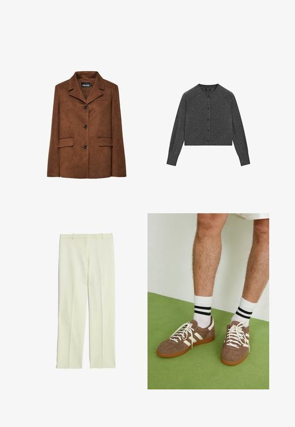 Veste en daim marron avec un col cranté, une fermeture à bouton unique et deux poches avant. Présente une texture lisse et un design ajusté.; Cardigan gris court en tissu doux, avec un col rond, des manches longues et des boutons marron sur le devant.; Débardeur blanc sans manches avec un col rond, fabriqué en matière côtelée ; design simple sans motifs ni embellissements.; Pantalons ajustés de couleur crème avec une coupe droite, présentant un devant plat, des passants de ceinture et une texture lisse.; Baskets en daim marron avec des accents et des lacets blancs. Semelle en caoutchouc gomme. Portées avec des chaussettes blanches à rayures noires. Sol texturé vert.