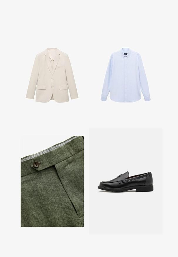 Light beige suit jacket made of smooth fabric, featuring a single-breasted design, notch lapels, and two front pockets.; Light blue long-sleeve button-up shirt with a classic collar, straight hem, and subtle texture. Features a central button closure.; Olive green linen trousers with a front pleat, featuring a button closure and a contrasting checkered lining at the waistband.; Black synthetic loafers with a prominent stitched front, cushioned insole, and flat rubber outsole; sleek design with minimal detailing.