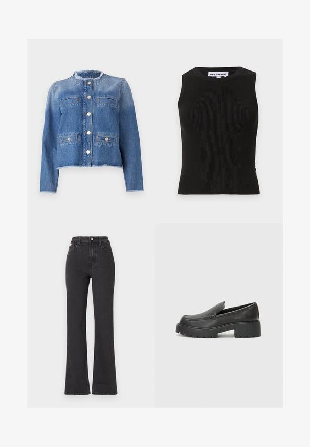 Blue denim jacket with long sleeves, a cropped cut, two front pockets, and silver buttons. Features a frayed collar and hem.; Black ribbed tank top with a crew neckline, featuring a fitted design and subtle texture. Ribbing extends throughout the fabric.; Black high-waisted flared jeans made of denim, featuring a button closure, belt loops, and side pockets. Smooth texture with minimal fading.; Black leather loafers with a rounded toe, thick textured sole, and minimal stitching details. Sleek design with no visible laces or hardware.