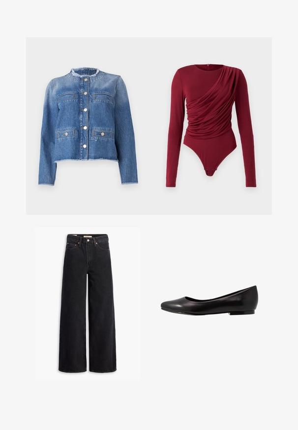 Blå denimjakke med lange ermer, en kortet snitt, to frontlommer og sølvknapper. Har en frynset krage og kant.; Langærmet bodysuit i dyb rød, med draperet stof, scoop halsudskæring og trykknaplukning i bunden, lavet af blødt stretchmateriale.; Sorte vide benklær laget av denim, med fem lommer, kobbernitter og en klassisk knappelukking. Glatt tekstur med et rent design.; Svart ballettsko laget av blankt lær med avrundet tå og lav, flat såle. Har en glatt tekstur med et enkelt og strømlinjeformet design.