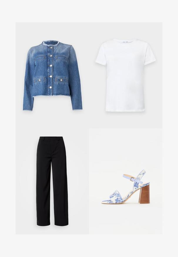Blå denimjakke med lange ermer, en kortet snitt, to frontlommer og sølvknapper. Har en frynset krage og kant.; Hvit kortermet t-skjorte laget av bomull med rund hals-design. Glatt tekstur og rett snitt, uten mønstre eller detaljer.; Sorte vide benbukser laget av glatt stoff, med en klassisk midje og en skreddersydd silhuett med frontlommer.; Blå blomstermønstret sandal med firkantet tå, bred stropp og justerbar ankelstropp, med en teksturert treblokkhelt.