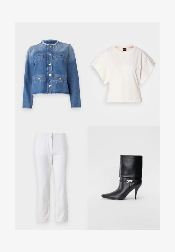 Niebieska dżinsowa kurtka z długimi rękawami, krótki krój, dwie przednie kieszenie i srebrne guziki. Ma postrzępiony kołnierz i brzeg.; Biała, krótka koszulka z szerokimi rękawami, wykonana z miękkiej bawełny, okrągły dekolt z delikatnym pomarańczowym wykończeniem, minimalistyczny design, bez wzorów i grafik.; Białe bawełniane spodnie o prostym kroju nogawki, z średnim stanem, bez widocznych elementów metalowych czy wzorów. Gładka tekstura na całej powierzchni.; Czarne skórzane botki za kostkę z ostrym noskiem, wysokim obcasem w kształcie stiletto, z załamanym mankietem oraz złotym dekoracyjnym zapięciem na kostce.