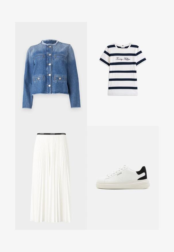 Blaue Jeansjacke mit langen Ärmeln, kurzem Schnitt, zwei Vordertaschen und silbernen Knöpfen. Verfügt über einen ausgefranzten Kragen und Saum.; Baumwoll-T-Shirt mit horizontalen navy-blauen Streifen auf weißem Hintergrund. "Tommy Hilfiger" in Kursivschrift auf der Brust gestickt. Runder Halsausschnitt.; Faltenrock aus Weiß mit einem schwarzen elastischen Bund, der das "LACOSTE"-Logo trägt. Mittellanges Design mit weicher Textur.; Weiße Leder-Sneaker mit einer dicken weißen Sohle, schwarzem Wildlederakzent an der Ferse und geprägtem Logo an der Seite. Schnürdesign mit sechs Ösen.