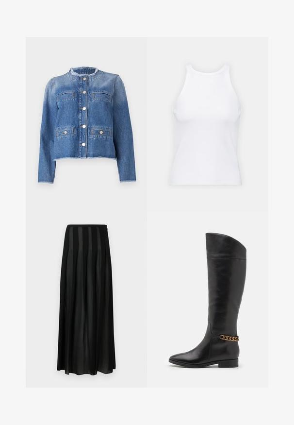 Mėlynas džinsinis švarkas su ilgomis rankovėmis, trumpu kirpimu, dviem priekinėmis kišenėmis ir sidabriniais mygtukais. Su nusidėvėjusiu apykakle ir apatine dalimi.; Baltas be rankovių marškinėlis, pagamintas iš išklotinės medžiagos, su apvaliu iškirpimu ir prigludusia siluetu, minimaliais siūlais ir be dekoracijų.; Juoda ilgis plisuota maxi sijonas, pagamintas iš lengvos medžiagos, su vertikaliomis satino juostelėmis ir patogiu juosmeniu, užtikrinančiu lengvą dėvėjimą.; Aukšti juodi odiniai batai su liekna forma, smailiu smaigaliu ir aukso grandinėlės akcentu ties kulkšnimi. Žemas bloko kulnas. Lygi tekstūra.