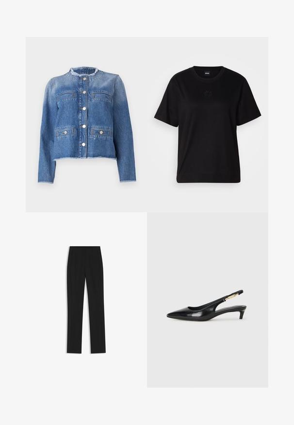 Chaqueta de mezclilla azul con mangas largas, corte corto, dos bolsillos frontales y botones plateados. Presenta un cuello y dobladillo deshilachados.; Camiseta de algodón negra con cuello redondo, mangas cortas y un logo bordado en el pecho. Ajuste simple y relajado sin patrones.; Pantalones de traje negros con un diseño de pierna recta, que cuentan con bolsillos delanteros y una tela suave y texturizada. Detalles limpios y minimalistas.; Tacones negros de piel sintética tipo slingback con punta afilada, que cuentan con un tacón delgado y un detalle en tono dorado en la correa ajustable. Textura suave.