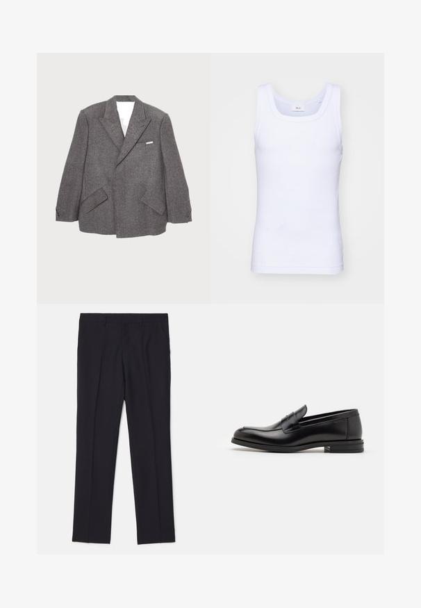 Sacoul gri din lână are un design cu două rânduri de nasturi, cu rever ascuțit, două buzunare frontale și detalii cu nasturi pe mâneci.; Top din bumbac alb fără mâneci, cu un decolteu rotund, având o textură netedă și o formă ajustată, conceput pentru purtarea casual.; Pantaloni negri tailor-made dintr-un material neted, dotati cu două buzunare laterale, un design cu picior drept și fără modele sau accente vizibile.; Mocasini din piele neagră cu o textură netedă, vârf rotund și o curea decorativă peste partea superioară. Toc mic, design minimalist.