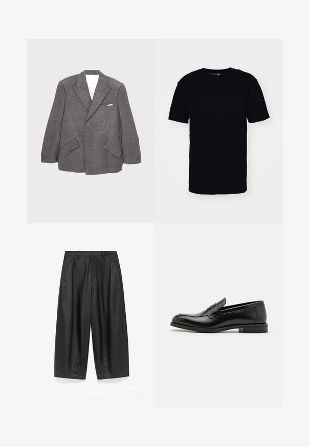 Grauer Wollblazer mit doppelter Knopfleiste, spitzen Revers, zwei Vorder pockets und Knopfdetails an den Ärmeln.; Schwarz, kurzärmliges T-Shirt aus Baumwolle. Hat einen runden Ausschnitt und eine klassische Passform. Keine sichtbaren Muster oder Metallakzente.; Schwarze, weit geschnittene Hosen aus einem glatten, matten Stoff. Verfügt über einen maßgeschneiderten Bund, Vorderfalten und Seitentaschen.; Schwarze Lederloafers mit glatter Textur, rundem Zehenbereich und einem dekorativen Riemen über dem Vorderfuß. Niedriger, gestapelter Absatz, minimalistisches Design.