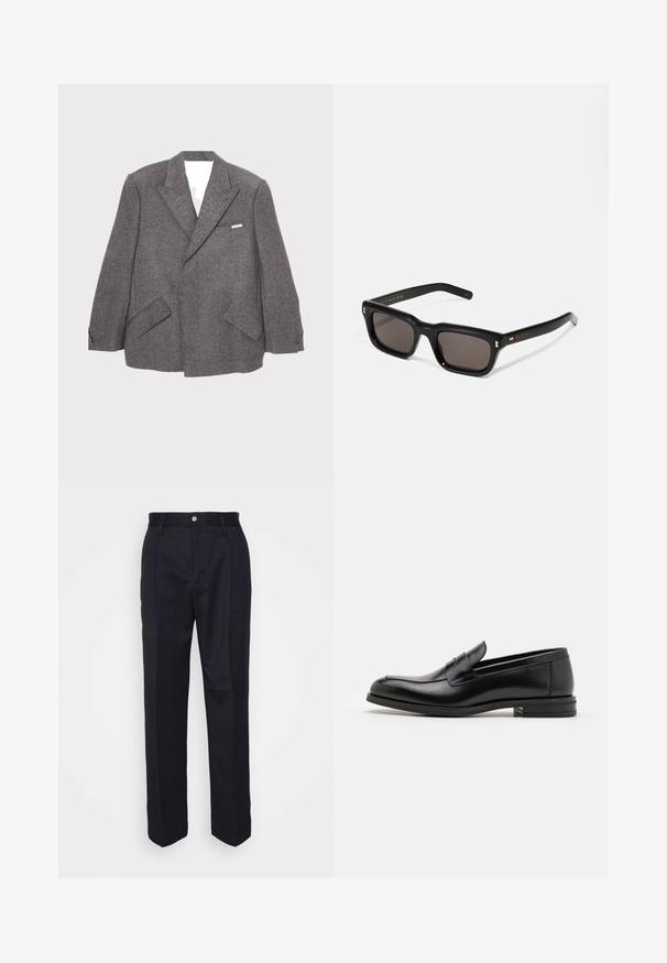Blazer en laine gris avec un design croisé, des revers pointus, deux poches avant et des accents de boutons sur les manches.; T-shirt blanc à manches courtes en tissu de coton avec un col rond. Design simple sans motifs ni accents. Texture lisse.; Pantalons noirs ajustés avec une coupe droite, en tissu lisse, dotés d'une fermeture à bouton sur le devant et de deux poches latérales.; Mocassins en cuir noir avec une texture lisse, bout rond et une sangle décorative sur le dessus. Talon bas empilé, design minimaliste.; Lunettes de soleil noires rectangulaires avec des verres foncés, monture en plastique épais, accents dorés sur les branches et logo de la marque gravé sur le bras.