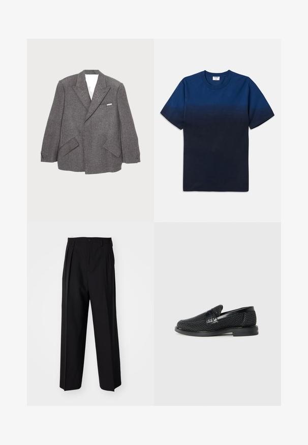 Blazer en laine gris avec un design croisé, des revers pointus, deux poches avant et des accents de boutons sur les manches.; T-shirt en coton bleu marine avec un col rond, des manches courtes et un motif dégradé subtil passant de teintes plus claires à plus foncées.; Pantalons plissés noirs avec un design droit et large. Fabriqués en tissu lisse, avec une fermeture à bouton et des passants de ceinture.; Chaussure slip-on tissée noire avec un accent en cuir lisse sur le dessus, un design à bout rond et une semelle en caoutchouc à profil bas.