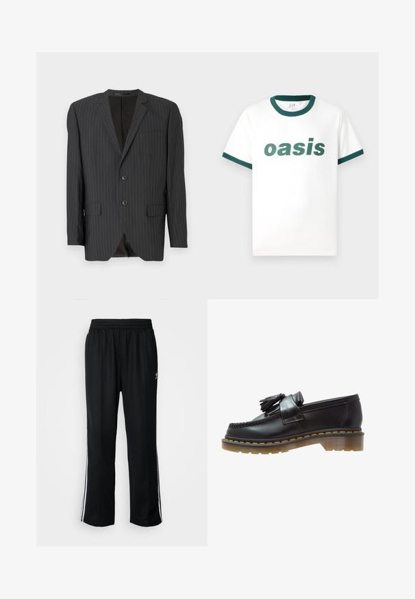 Juodas švarkas su dryželiais, su dviem mygtukais, įpjovimais apykaklėmis, šoninėmis kišenėmis, viena krūtine kišene ir päšluostytu interjeru. Tinkamas prigludimas.; Balta medvilninė marškinėliai su žaliai raibota apykakle ir rankovių akcentais. Ant priekio puikuojasi ryškus žalias tekstas, rašantis "oasis".; Juodi sportiniai keliai su elastingu juosmeniu, su baltais šonais ir mažu logotipu. Atrodo, kad medžiaga yra minkšta ir lengva.; Juodai odiniai loaferiai su tekstūruotu paviršiumi, dekoruoti dekoratyvinėmis kutais ir kontrastingomis geltonomis siūlėmis, ant masyvaus, skaidraus pado.