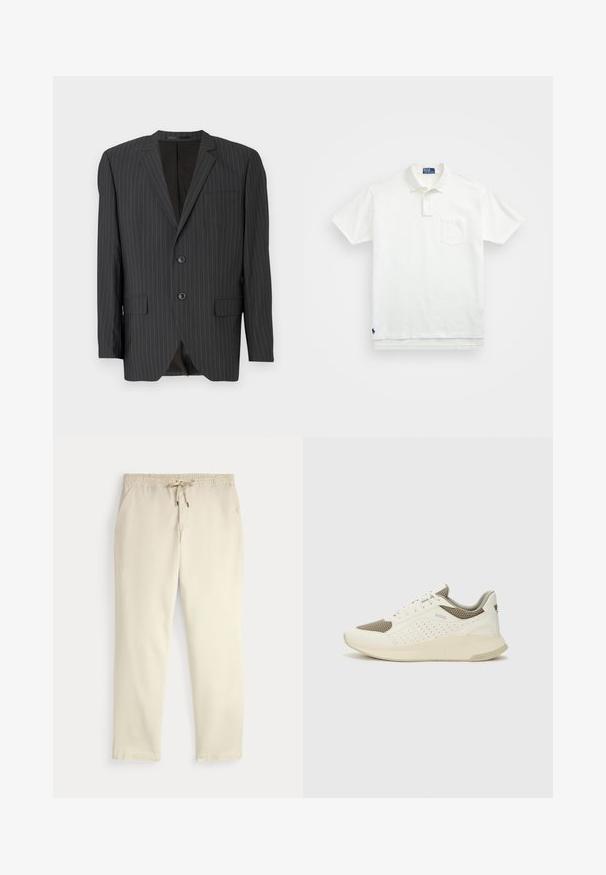 Mustralehter mustriga blazer kahe nupuga sulgemisega, lakke lõikega, küljetaskute, ühe rinna tasku ja vooderdatud sisemusega. Kohandatud istuvus.; Valge polo särk, mis on valmistatud puuvillast, klassikalise kraega, kolme nööbiga kinnitusega ja vasakul rinnal taskuga; väike logo helmel.; Kreemjatavad vabaaja püksid elastse vöökoha ja tõmbluku, sirgete jalgade ja küljetaskutega tavalise tausta ees.; Valge ja heledat beeži värvi spordijalats, millel on õhuke võrkmaterjal, perforatsioonidega detailid ning tekstuuriga vahetald, millel on brändi logo kannaosas.