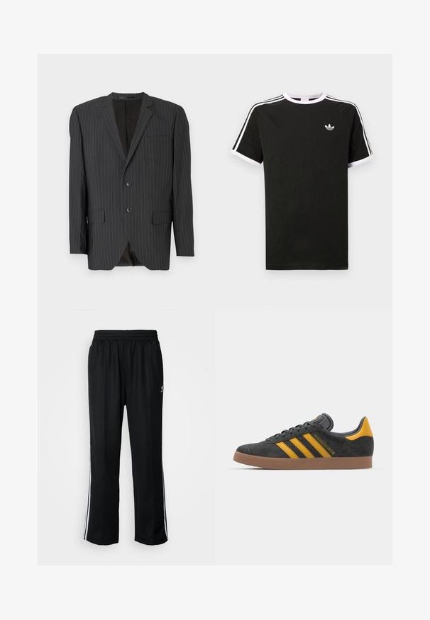 Melns svītrains žakets ar divu pogu aizdari, ar izgrieztām atlokrām, sānu kabatām, vienu krūšu kabatu un odere iekšpusē. Konfekcijas piegriezums.; Melna kokvilnas T-kreklu ar baltajiem akcentiem. Iezīmes īsas piedurknes, raglanu dizains un mazs logo uz krūšu. Trīs baltas svītras uz pleciem.; Melni sporta bikses ar elastīgu jostas vietu, kurām ir baltas sānu svītras un neliels logotips. Materiāls izskatās mīksts un viegls.; Melnas zamšādas kedas ar dzelteniem akcentiem, kurām ir trīs svītras un brūna gumijas zole. Iekļauta mīksta valkāšanas tongue komfortam.