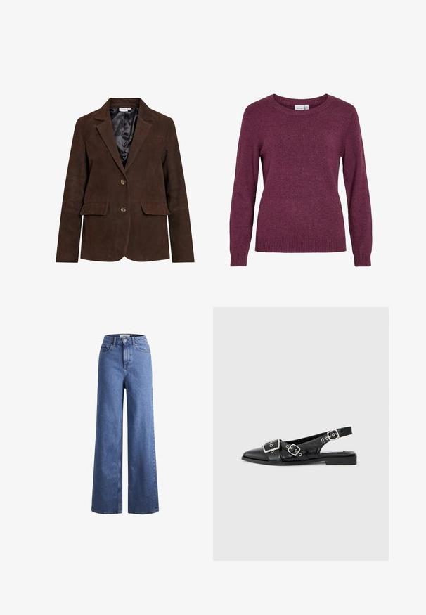Brun ruskind blazer med revers, to frontlommer og to knapper. Indvendig foret med sort satin. Skræddersyet pasform og rene linjer.; Bordeaux striktrøje med rund halsudskæring, lange ærmer, ribbestrikkede manchetter og nederste kant. Blødt tekstur med et understated, let meleret look.; Lyseblå denim brede bukser med høj talje, to frontlommer og synlige stikninger. Har en knap- og lynlåslukning.; Sorte læderslingbacksko med spids tå, to sølvspænder og en lav blokhæl. Har en struktureret overdel og åben bag.