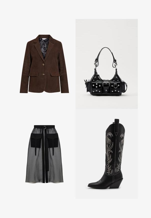Brun ruskind blazer med revers, to frontlommer og to knapper. Indvendig foret med sort satin. Skræddersyet pasform og rene linjer.; Sort langærmet bluse lavet af gennemsigtigt stof, med rund halsudskæring, knaplukning foran og bølgede kanter ved ærmerne.; Sort gennemsigtig nederdel med en rynket talje, der har to store forlommer, et taljebånd og en cirkulær metaldetalje.; Sorte læder cowboystøvler med spidse tæer, kilehæle og sølv broderede blomster mønstre langs skaftet. Kontrast syning overalt.; Sort læderhåndtaske med et buet design, prydet med sølvfarvede nitter, en spænde og to sidelommer. Justerbar rem til forskellige bære muligheder.