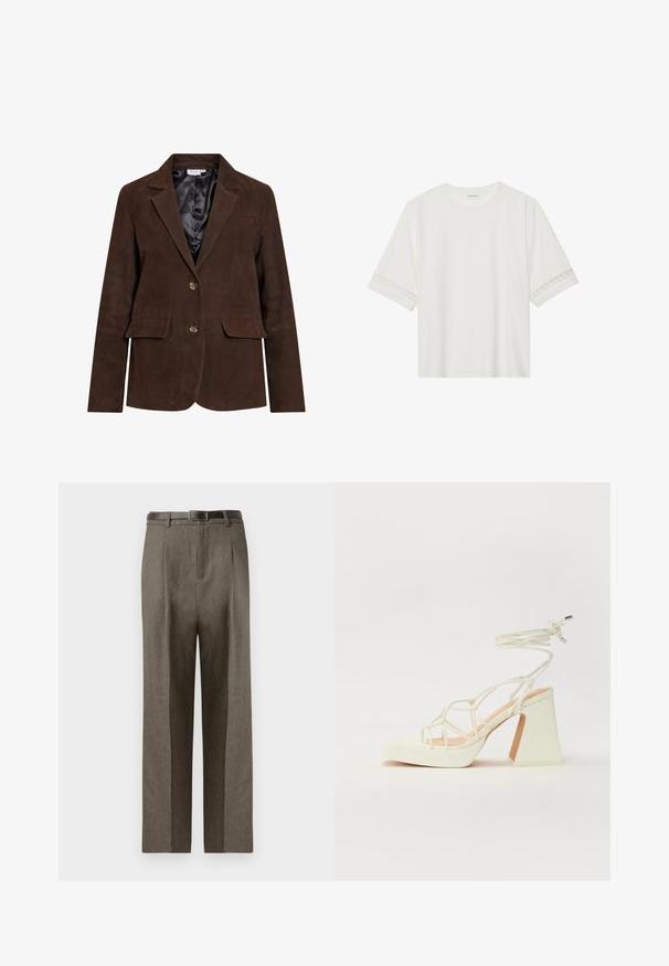 Brauner Wildlederblazer mit Reverskragen, zwei Fronttaschen und zwei Knöpfen. Innen gefüttert mit schwarzem Satin. Taillierte Passform und klare Linien.; Weißes T-Shirt mit kurzen Ärmeln aus Baumwolle, mit dekorativem Spitzenbesatz entlang der Ärmel und einem runden Ausschnitt.; Braune maßgeschneiderte Hosen mit geradem Schnitt, die eine glatte Textur, Gürtelschlaufen und ein flaches Vorderdesign aufweisen.; Weiße High-Heel-Sandale mit einem klobigen Absatz, die über ein Riemchendesign und ein Knöchelband verfügt. Glatte Textur mit einer Plattform vorne für zusätzliche Höhe.